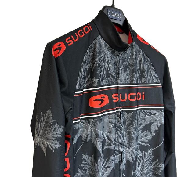 Sugoi Cycling Top Long Sleeve Black Gray Leaf Pattern Back Pocket Lined Size L - Picture 3 of 10